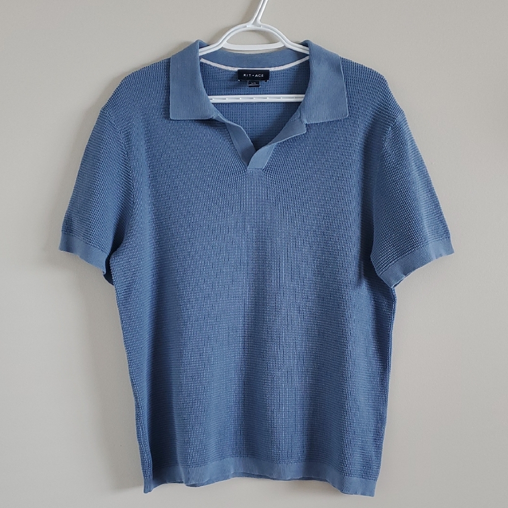 Kit and Ace Dusty Blue Knit Urban Relaxed  Short Sleeve Polo Sweater Sz L Career